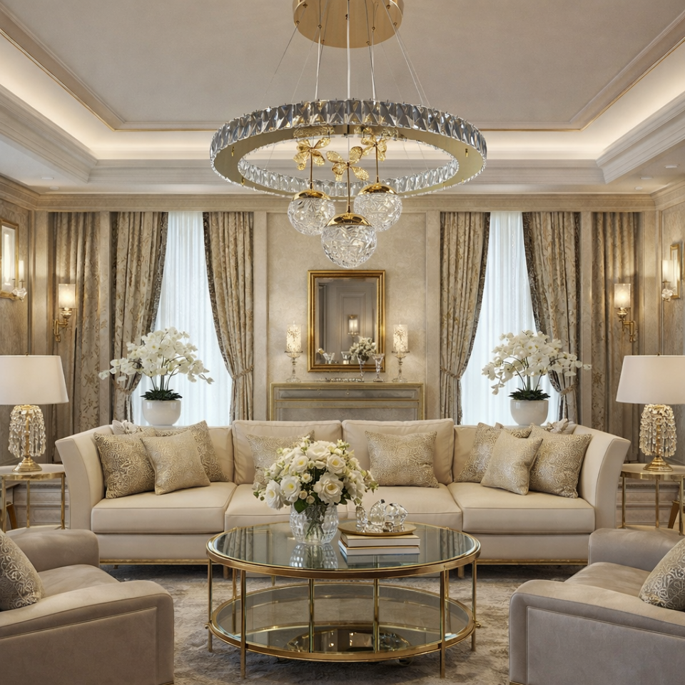 KRİSTAL TAŞLI 3 TOPLU LED AVİZE GOLD RENK