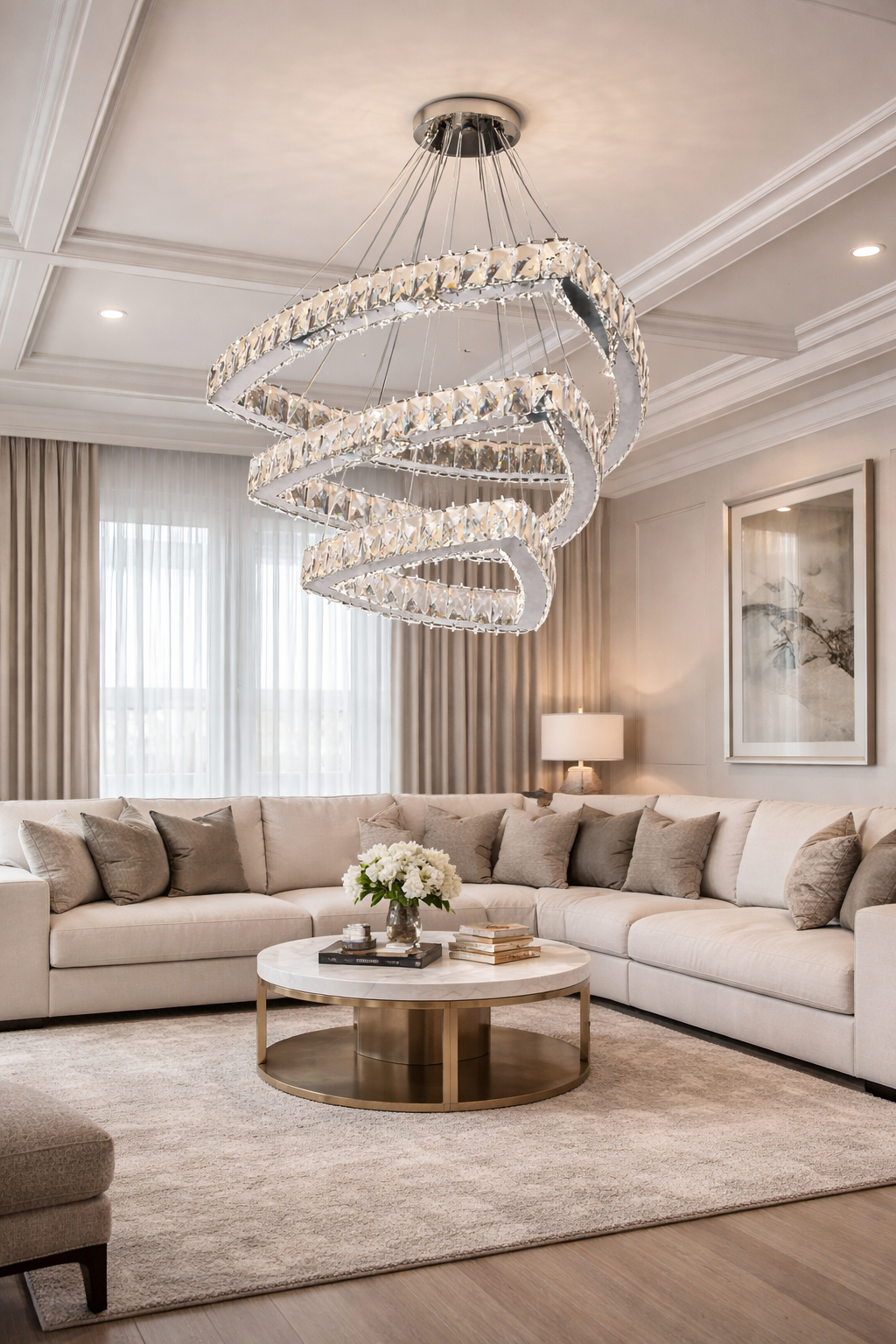 KRİSTAL TAŞLI 3 KATLI LEDLİ ÜÇGEN AVİZE GÜMÜŞ RENK