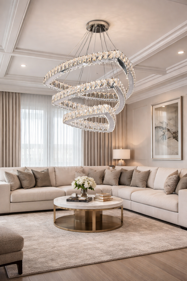 KRİSTAL TAŞLI 3 KATLI LEDLİ ÜÇGEN AVİZE GÜMÜŞ RENK