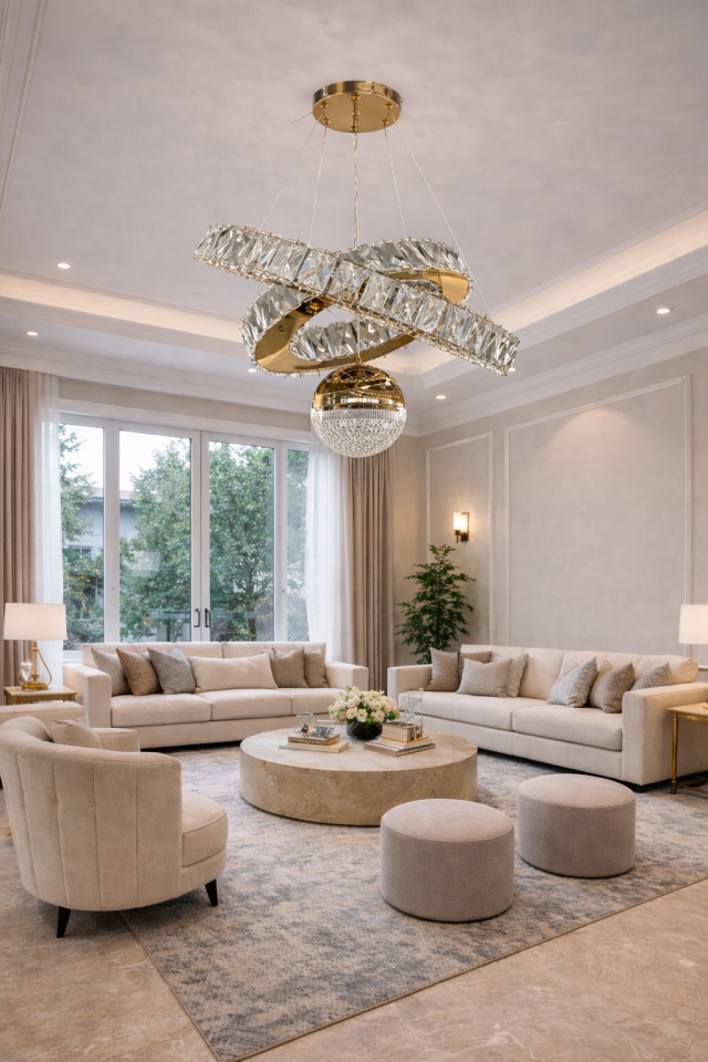 KRİSTAL TAŞLI LEDLİ TOPLU AVİZE GOLD RENK