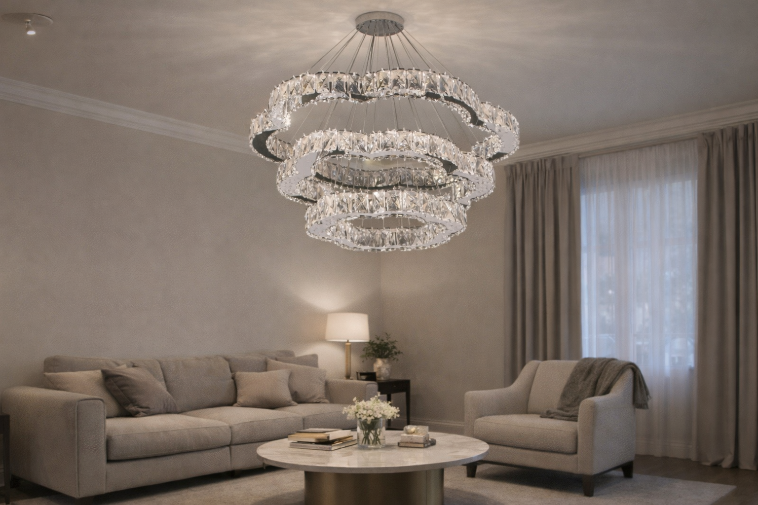 KRİSTAL TAŞLI LEDLİ 3 KATLI ÇİÇEK MODEL GÜMÜŞ RENK