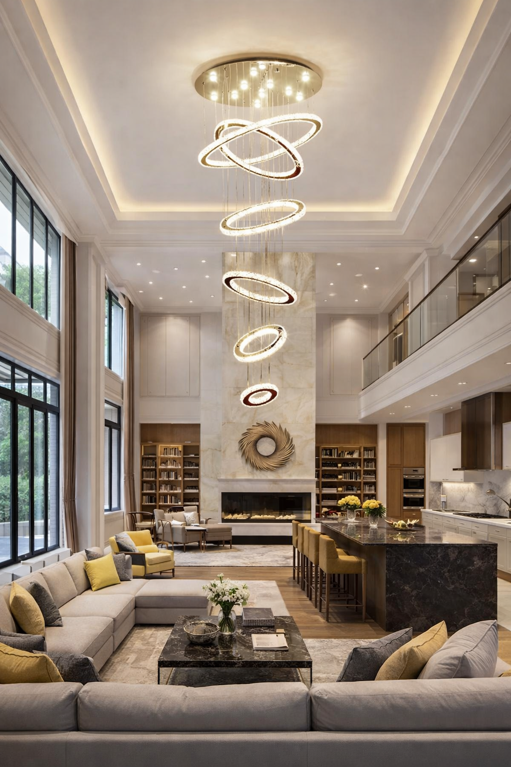 MODERN KRİSTAL TAŞLI LEDLİ 6 HALKALI GALERİ BOŞLUĞU AVİZESİ