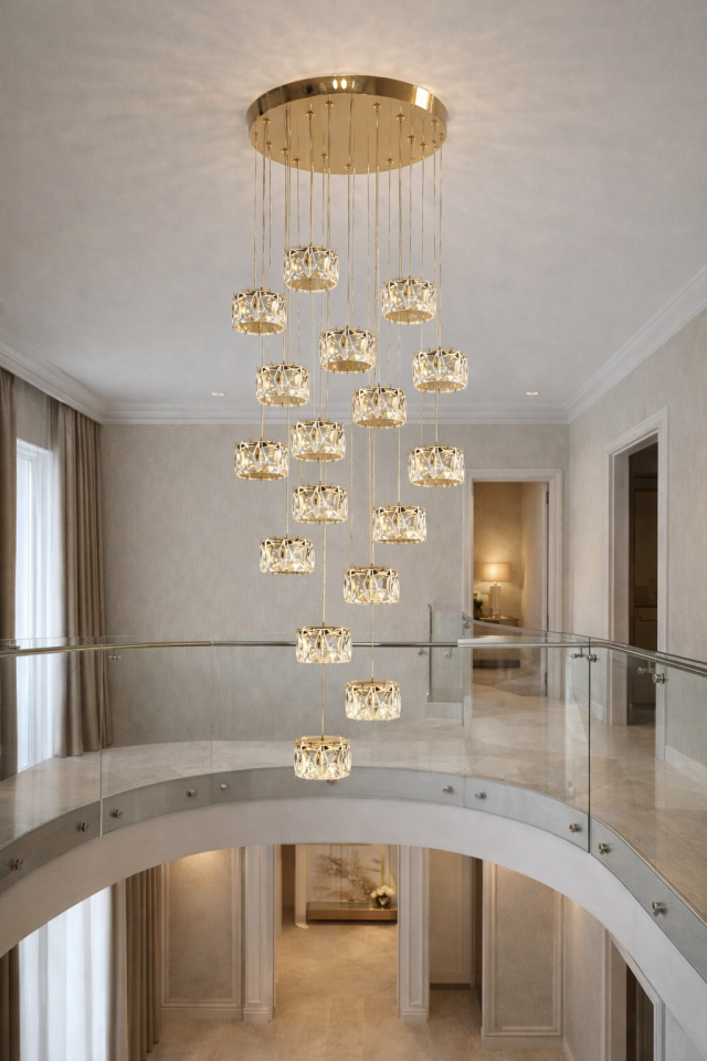 MODERN KRİSTAL TAŞLI LEDLİ 17 Lİ GALERİ BOŞLUĞU AVİZESİ GOLD RENK