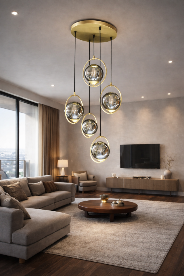 GLOP FÜME CAMLI HALKALI 5Lİ SARKIT GOLD AVİZE