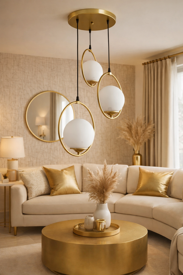 GOLP HALKALI BEYAZ CAMLI 3 LÜ SARKIT GOLD AVİZE