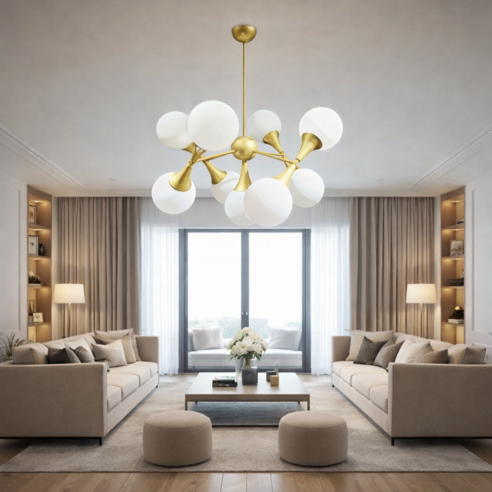 GLOP BEYAZ CAMLI 9 LU MODÜLER GOLD AVİZE