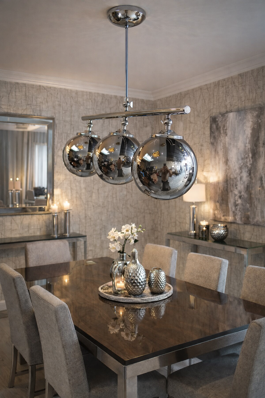 GLOP CAMLI 3 LÜ MAŞALI FÜME CAM GÜMÜŞ AVİZE