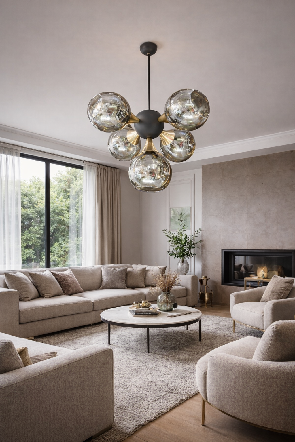 ARMUT CAMLI 5 Lİ KÜRELİ FÜME CAM SİYAH AVİZE