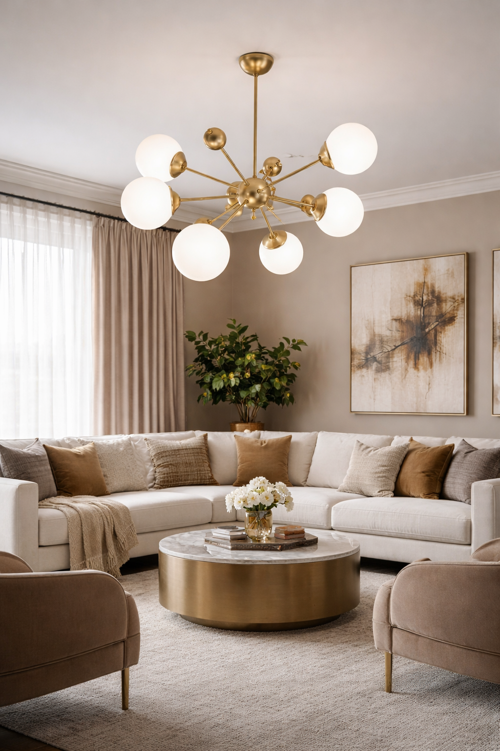 GLOP BEYAZ-FÜME CAM 6 KÜRELİ 6 CAMLI MODÜLER GOLD-SİYAH AVİZE