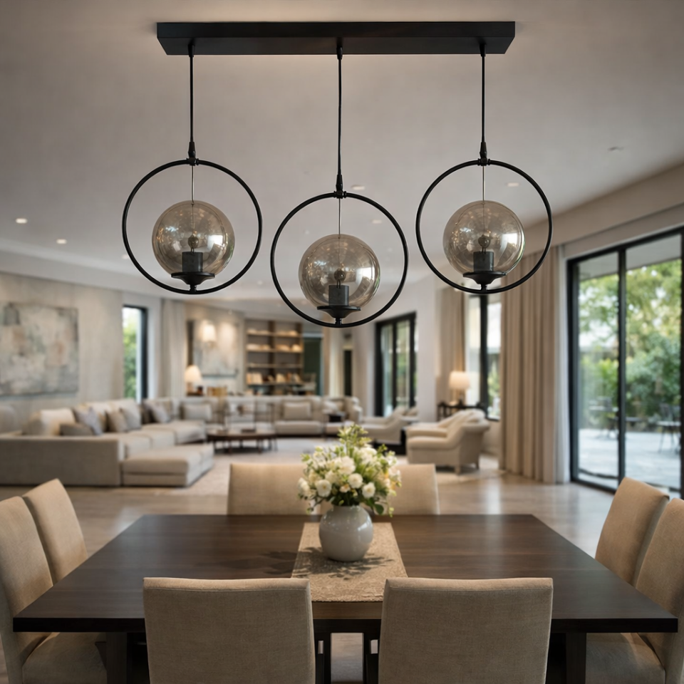 GOLP HALKALI BEYAZ-FÜME-BAL CAMLI 3 LÜ SİYAH CAKALI AVİZE