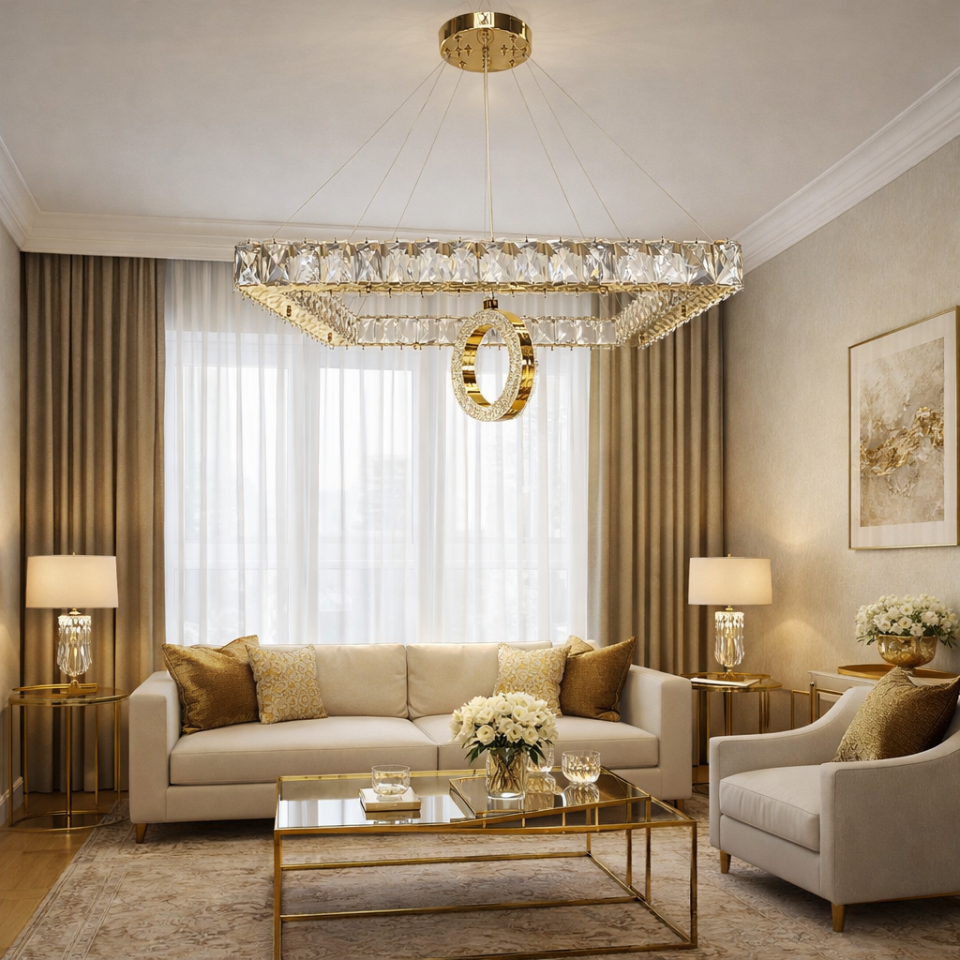 KRİSTAL TAŞLI TEK KATLI KARE, HALKALI LED AVİZE GOLD RENK