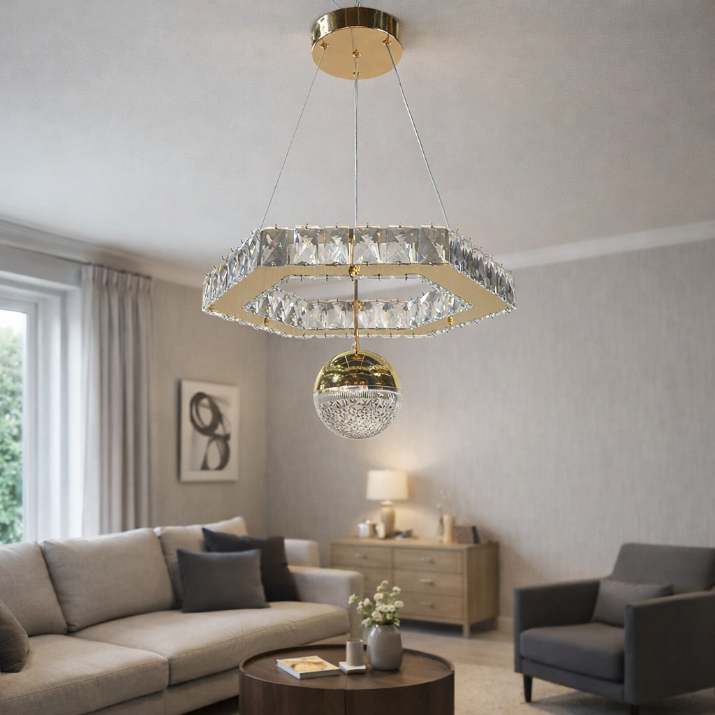 KRİSTAL TAŞLI ALTIGEN LED TOPLU GOLD AVİZE