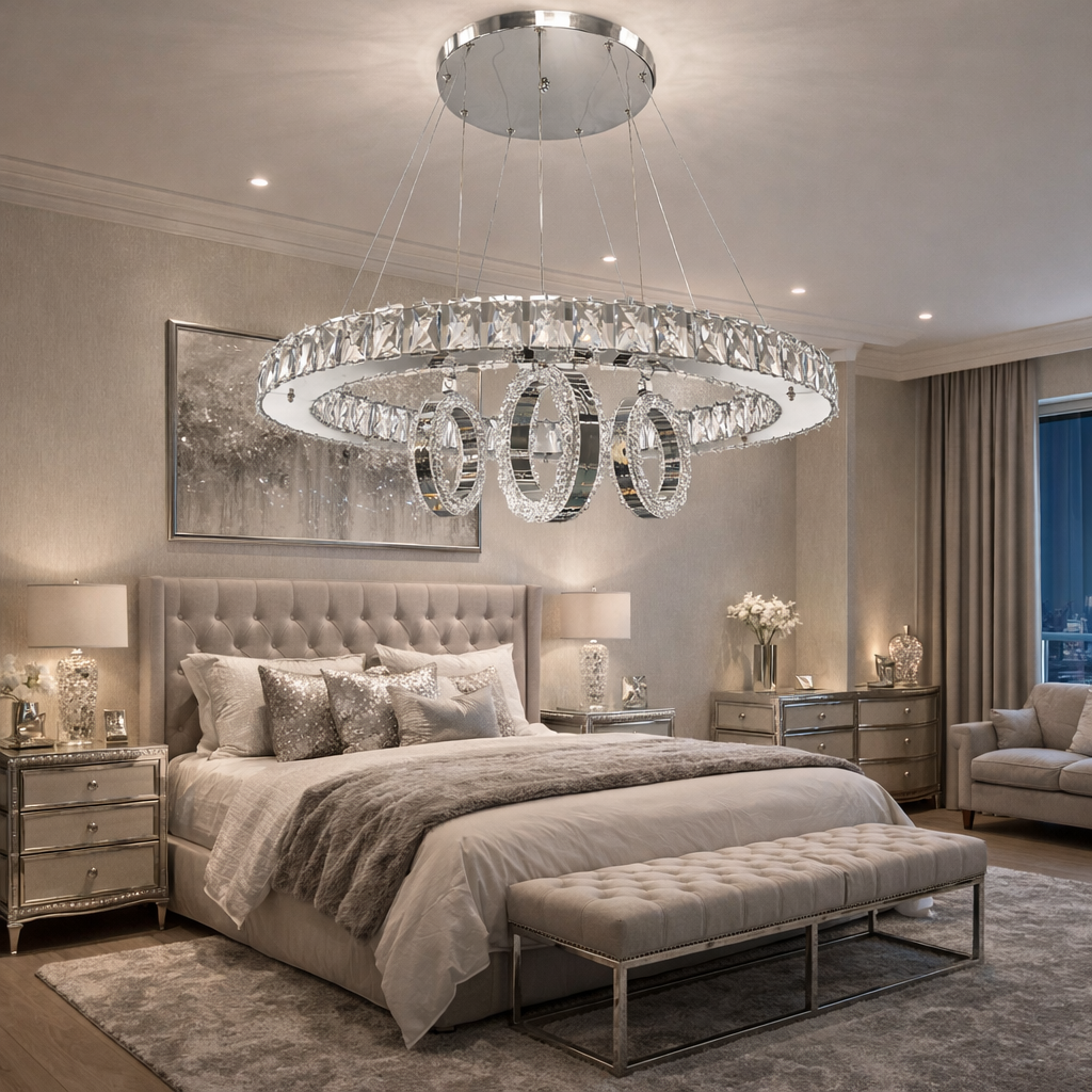 KRİSTAL TAŞLI 3 HALKALI LED AVİZE KROM RENK