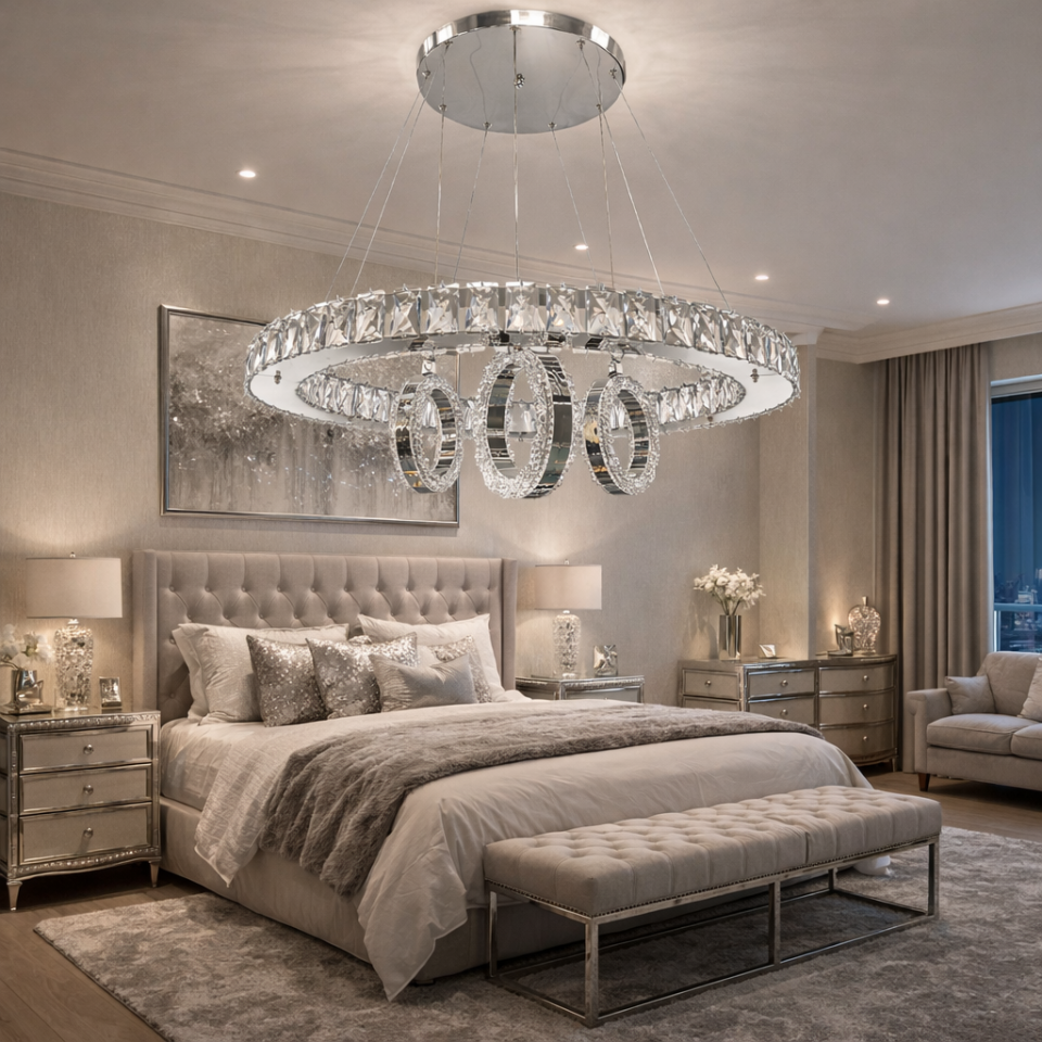 KRİSTAL TAŞLI 3 HALKALI LED AVİZE KROM RENK