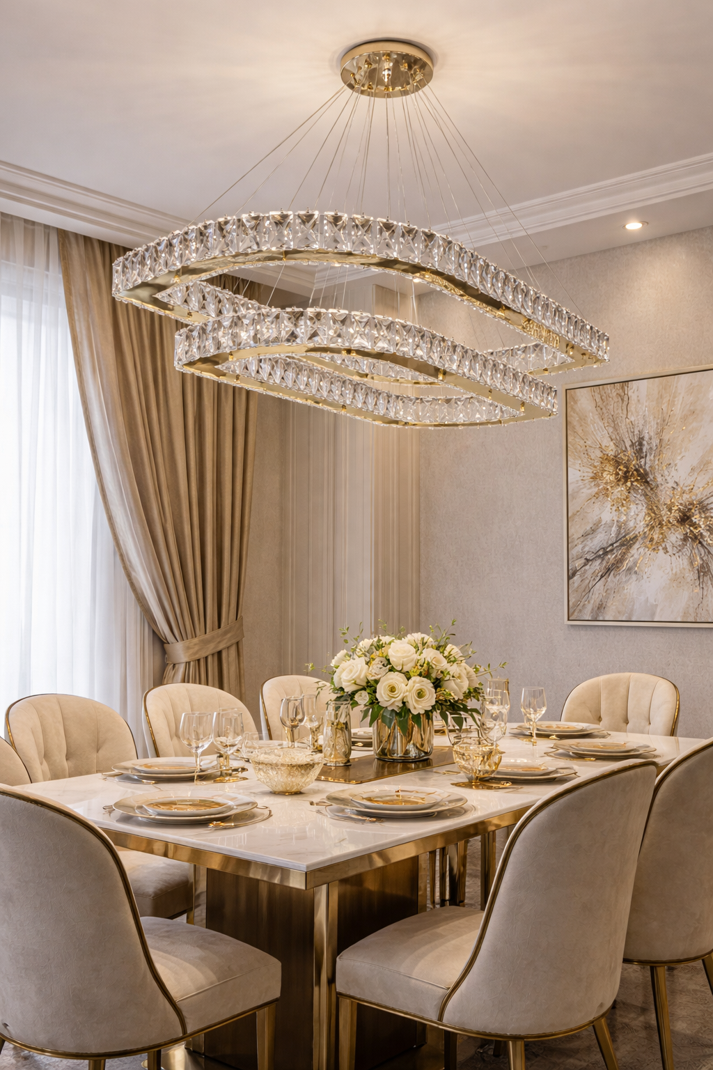 KRİSTAL TAŞLI LEDLİ 2 KATLI KÖŞELİ ELİPS MODEL GOLD RENK