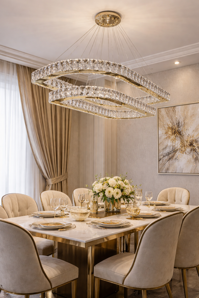 KRİSTAL TAŞLI LEDLİ 2 KATLI KÖŞELİ ELİPS MODEL GOLD RENK