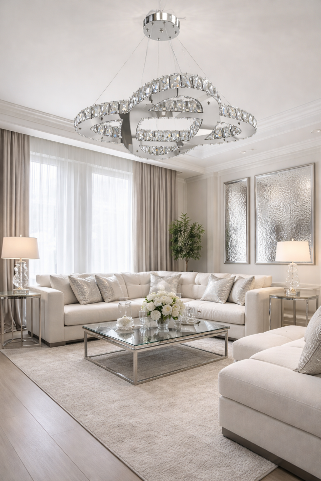 KRİSTAL TAŞLI LEDLİ 2 KATLI  İÇ İÇE BİRLEŞİK ELİPS MODEL GÜMÜŞ