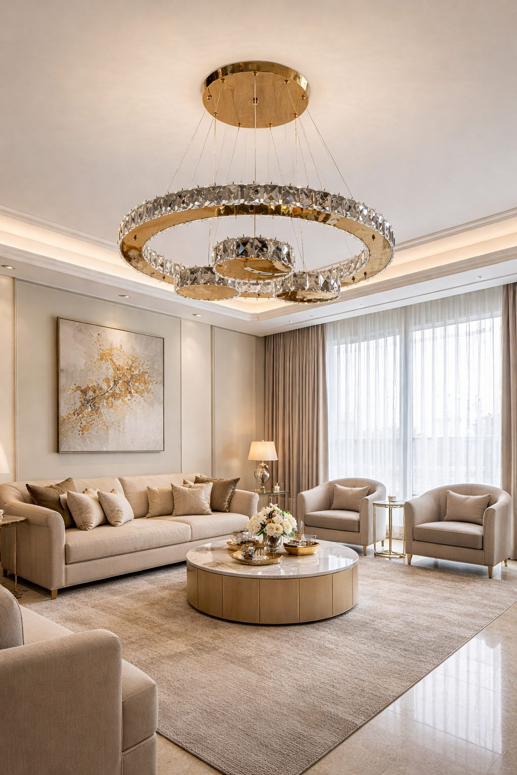 KRİSTAL TAŞLI 3 DAİRE KRİSTALİ LED AVİZE GOLD RENK