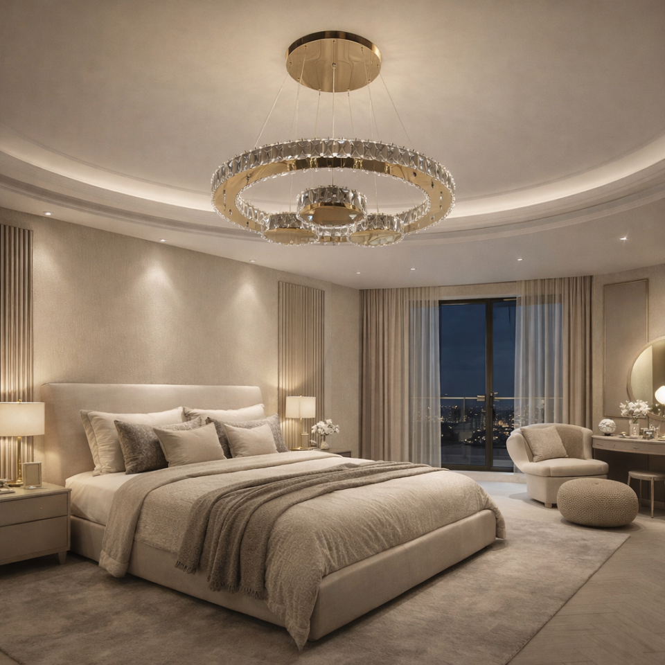 KRİSTAL TAŞLI 3 DAİRE KRİSTALİ LED AVİZE GOLD RENK