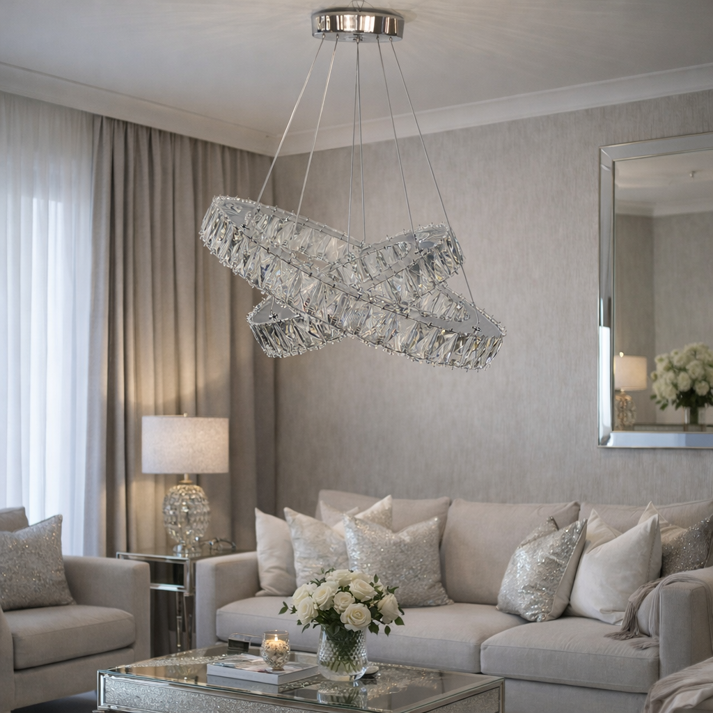 KRİSTAL TAŞLI LEDLİ 2 KATLI DAİRE AVİZE GÜMÜŞ RENK