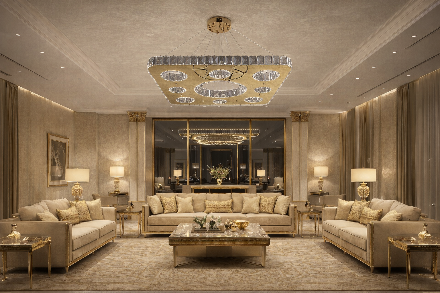 KRİSTAL TAŞLI LED KARE MODEL AVİZE GOLD