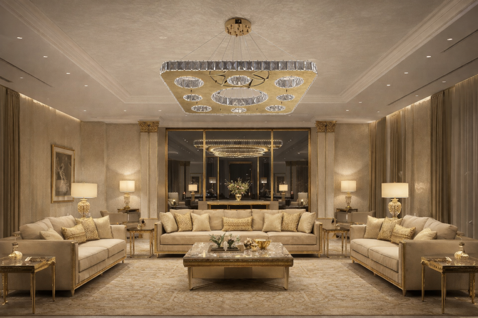 KRİSTAL TAŞLI LED KARE MODEL AVİZE GOLD