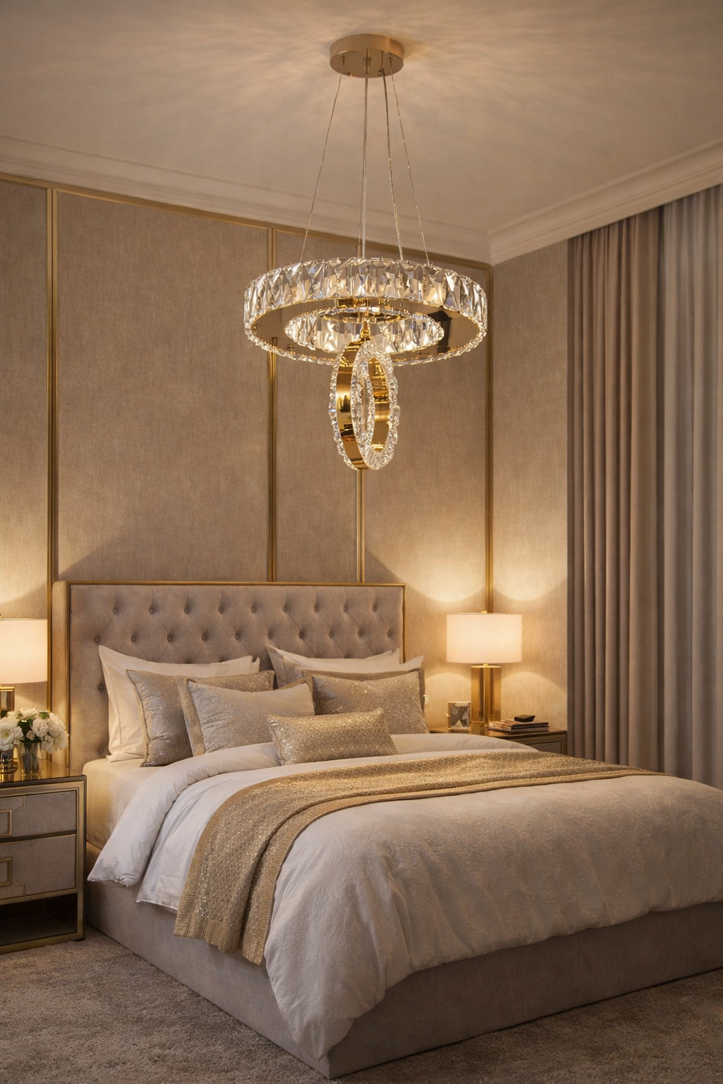 KRİSTAL TAŞLI DAİRE LED HALKALI GOLD AVİZE