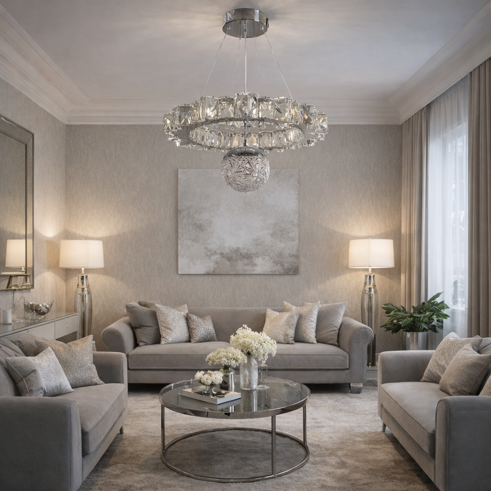 KRİSTAL TAŞLI YILDIZ MODEL LED TOPLU GÜMÜŞ AVİZE