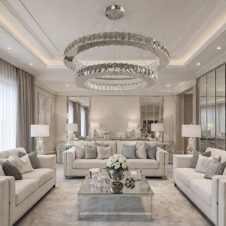 KRİSTAL TAŞLI 2 KATLI LED AVİZE GÜMÜŞ RENK