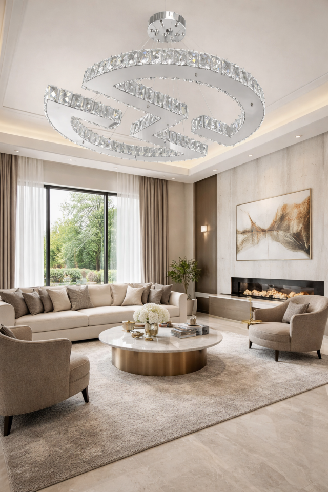 KRİSTAL TAŞLI LED AVİZE GÜMÜŞ-GOLD