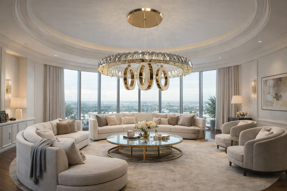 KRİSTAL TAŞLI 3 HALKALI LED AVİZE GOLD