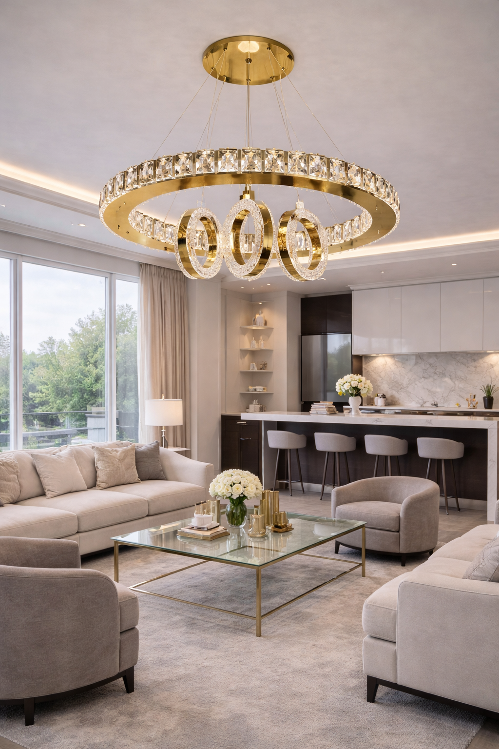 KRİSTAL TAŞLI 3 HALKALI LED AVİZE GOLD