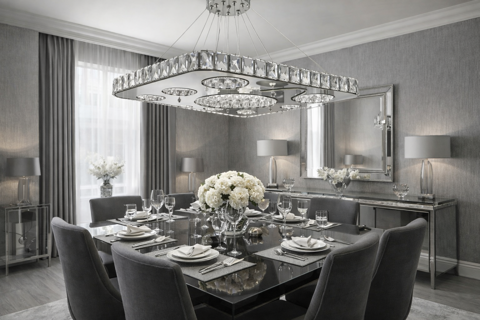 KRİSTAL TAŞLI LED KARE MODEL AVİZE GÜMÜŞ