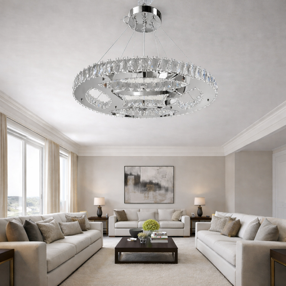 KRİSTAL TAŞLI LED AVİZE GÜMÜŞ RENK