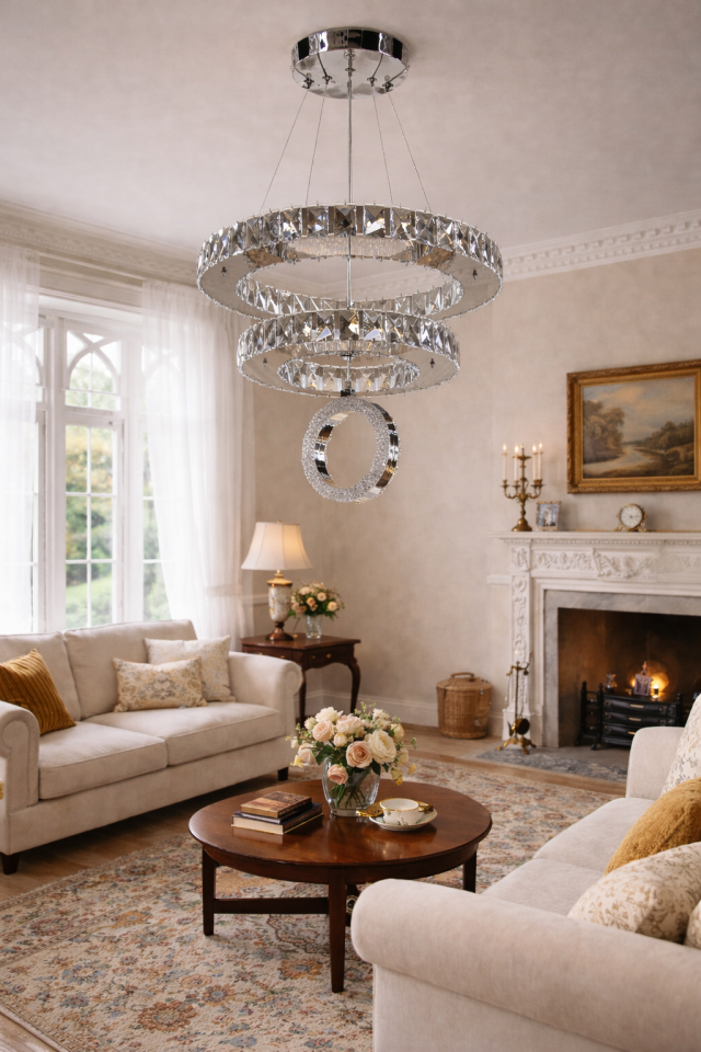 KRİSTAL TAŞLI LEDLİ 2 KATLI HALKALI DAİRE AVİZE GÜMÜŞ RENK