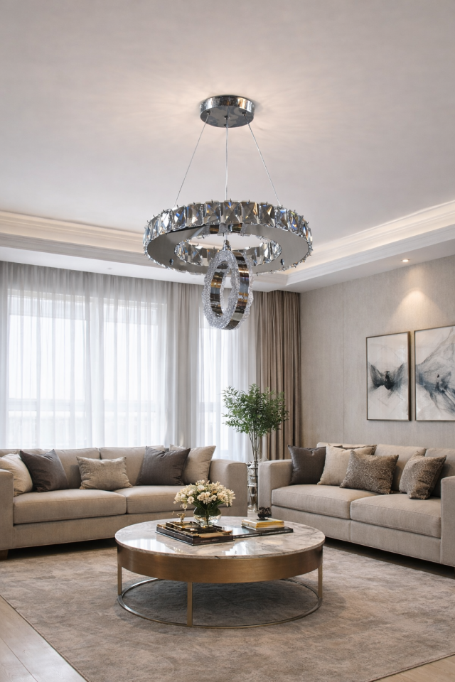 KRİSTAL TAŞLI DAİRE LED HALKALI AVİZE GÜMÜŞ