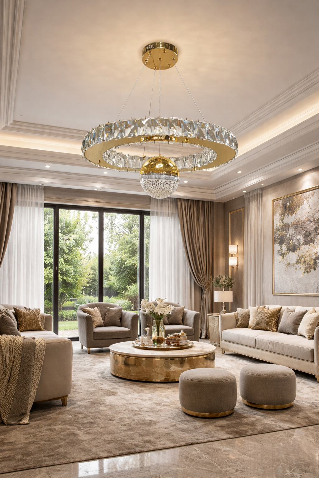 KRİSTAL TAŞLI DAİRE LED TOPLU AVİZE GOLD