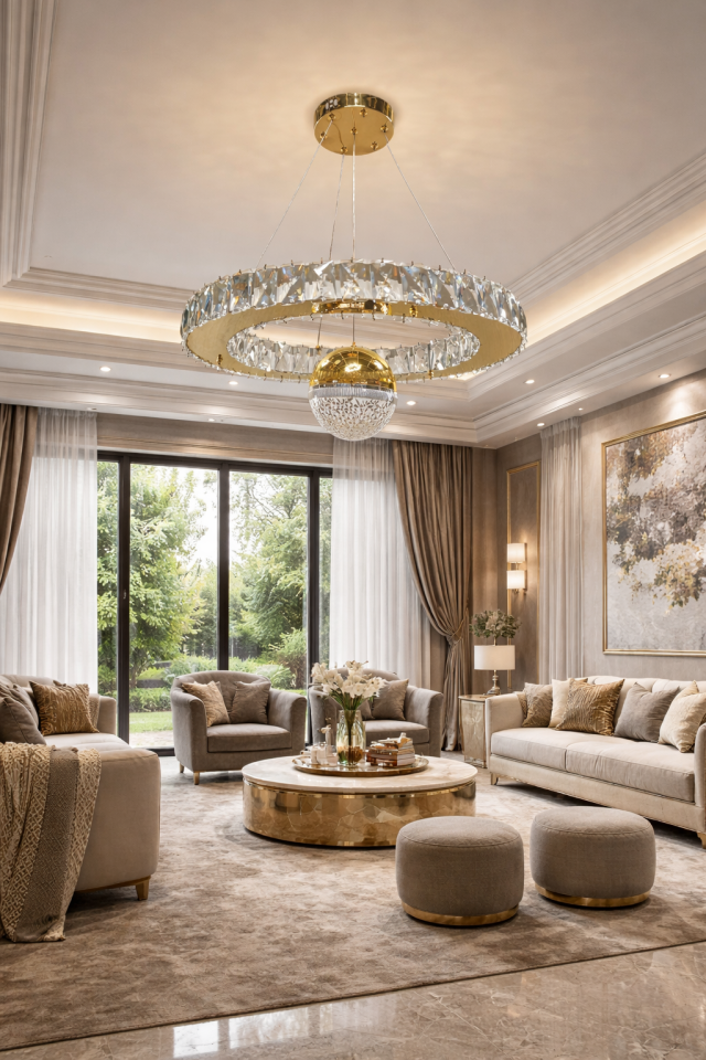 KRİSTAL TAŞLI DAİRE LED TOPLU AVİZE GOLD