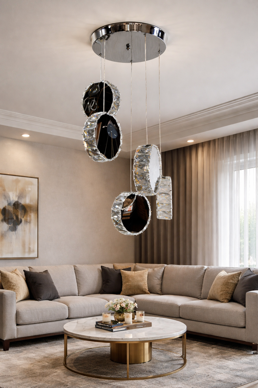 KRİSTAL TAŞLI 5 Lİ DAİRE MODEL SARKIT AVİZE GÜMÜŞ