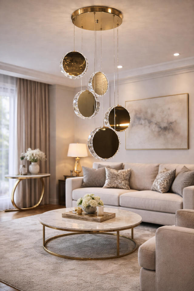 KRİSTAL TAŞLI 5 Lİ DAİRE MODEL SARKIT AVİZE GOLD