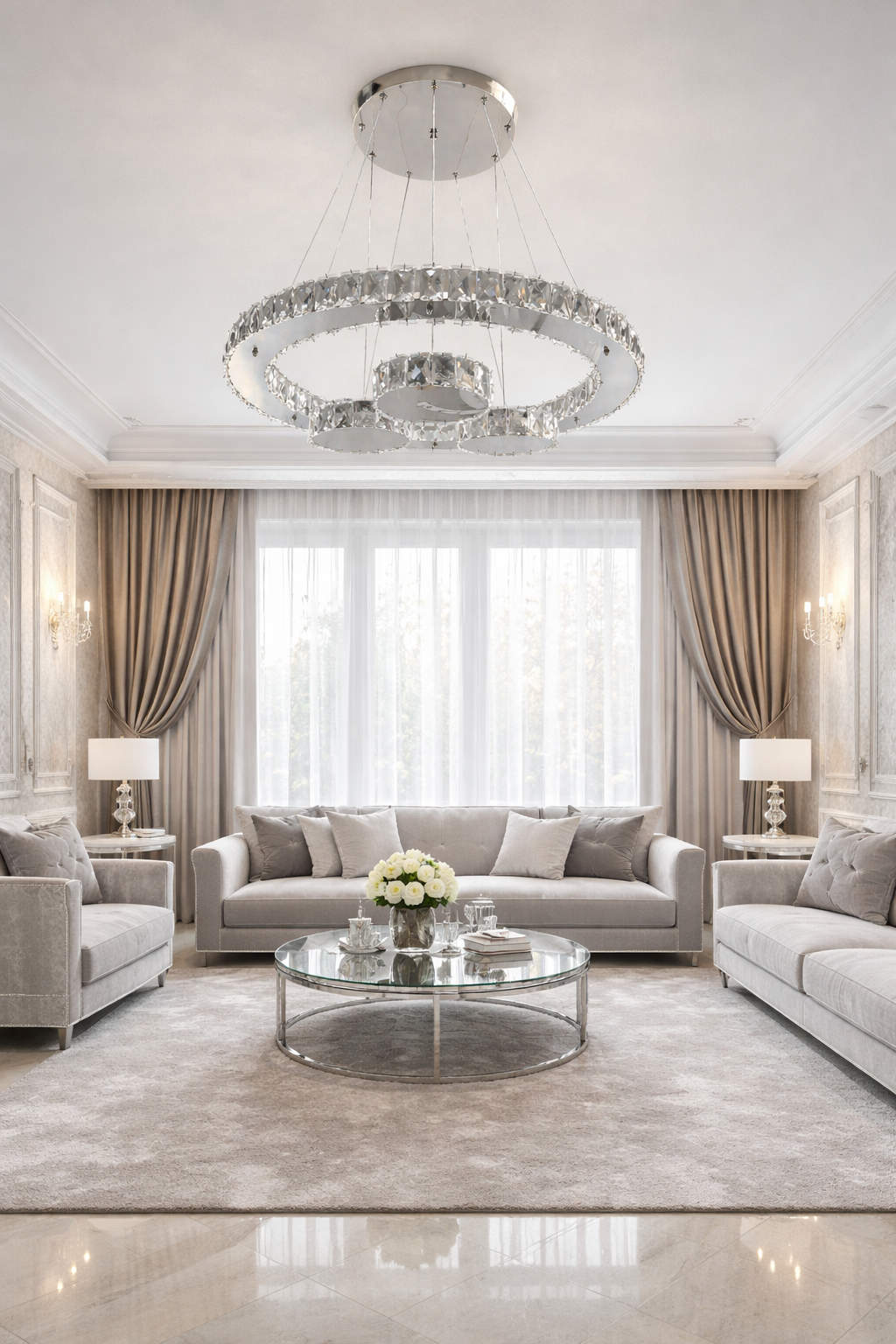 KRİSTAL TAŞLI 3 DAİRE KRİSTALİ LED AVİZE GÜMÜŞ RENK