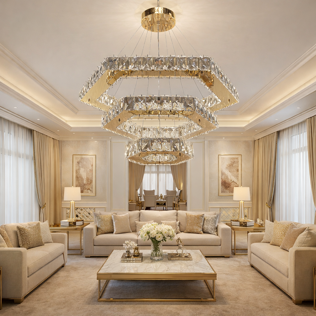 KRİSTAL TAŞLI ALTIGEN LED GOLD AVİZE