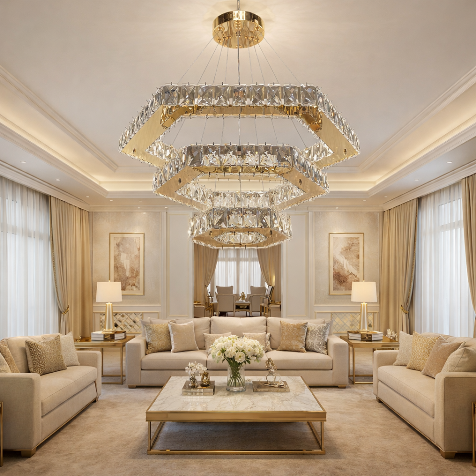 KRİSTAL TAŞLI ALTIGEN LED GOLD AVİZE