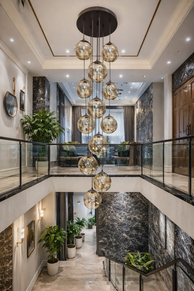MODERN BAL CAMLI 13 LÜ GALERİ BOŞLUĞU SARKIT SİYAH AVİZE