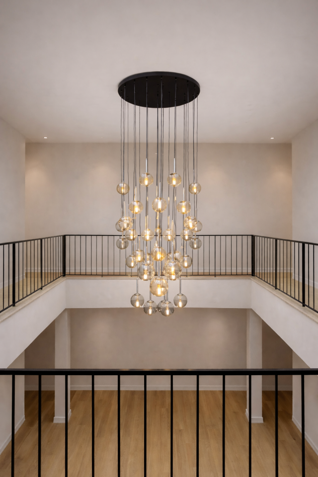 MODERN CAMLI 30 LU GALERİ BOŞLUĞU SARKIT AVİZE BAL-FÜME KARIŞIK