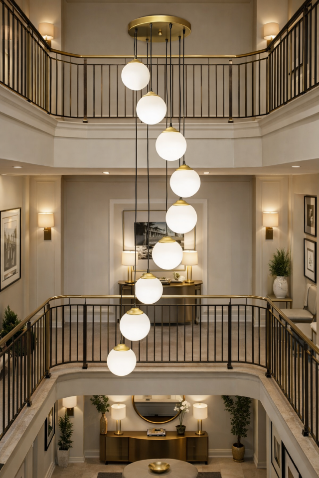 MODERN BEYAZ CAMLI 8 Lİ GALERİ BOŞLUĞU SARKIT GOLD AVİZE