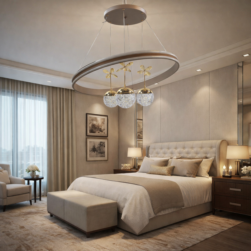 MODERN ÇİFT LEDLİ HALKALI 3 TOPLU LED AVİZE KİREMİT