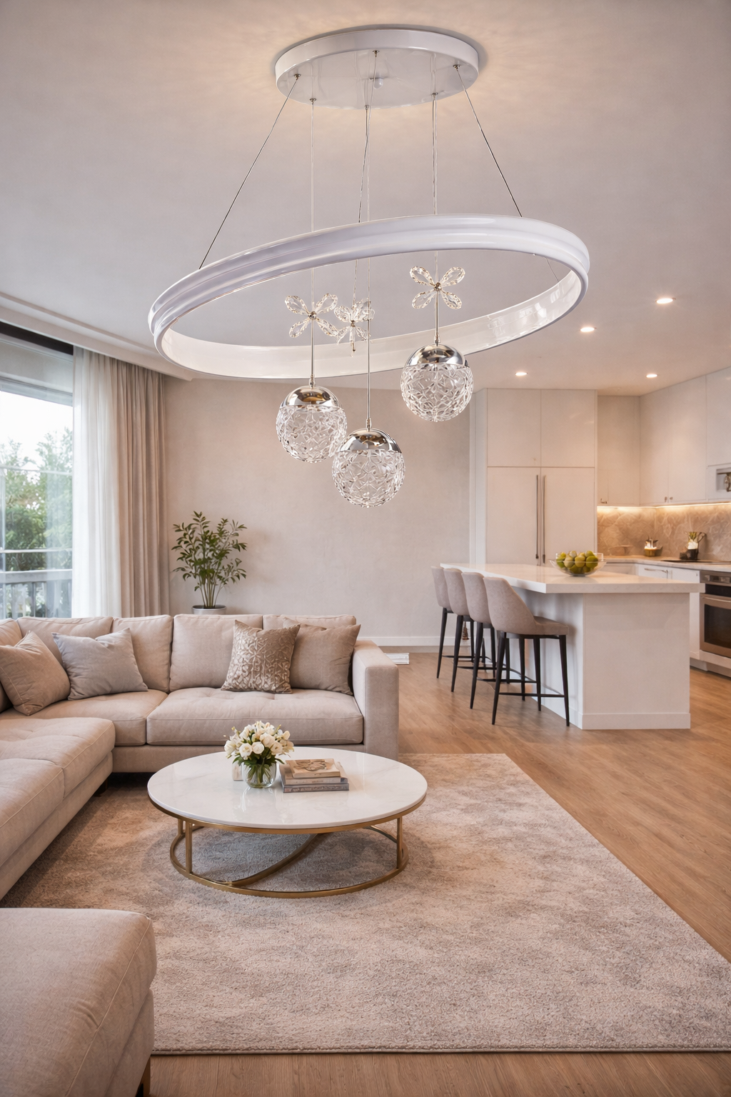 MODERN ÇİFT LEDLİ HALKALI 3 TOPLU LED AVİZE BEYAZ