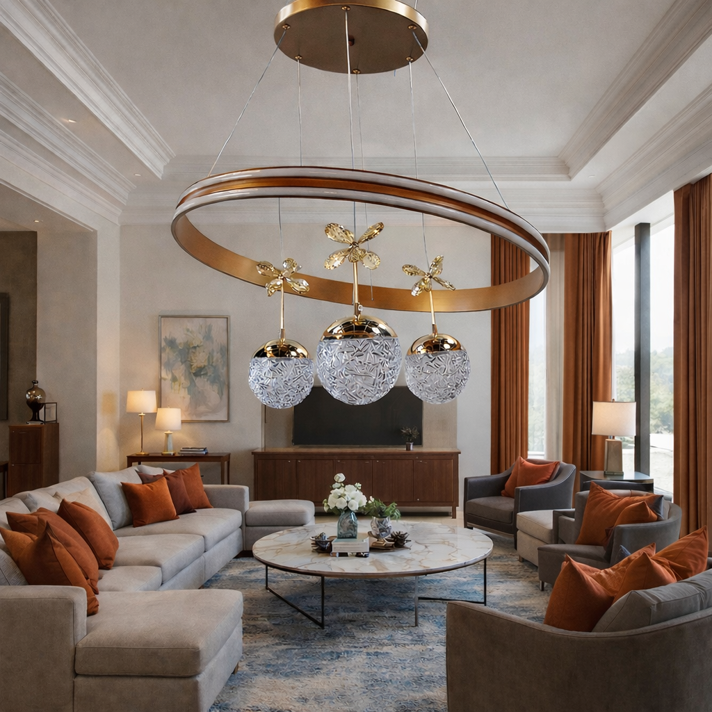 MODERN ÇİFT LEDLİ HALKALI 3 TOPLU LED AVİZE BRONZ