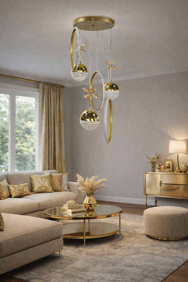 MODERN 3 TOPLU 3 HALKALI SARKIT LED AVİZE GOLD